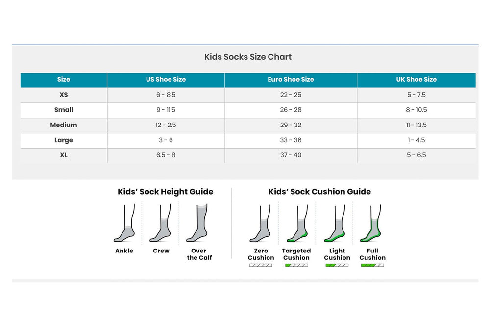 Kids socks size chart with shoe size conversions and sock cushion guides.