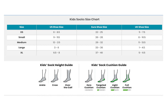 Kids socks size chart with shoe size conversions and sock cushion guides.