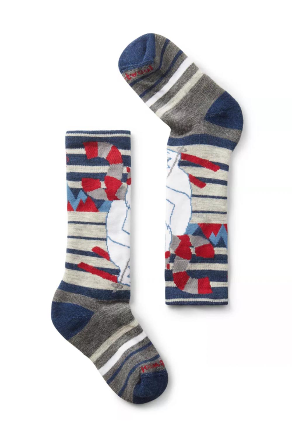 Pair of socks with a colorful design on a white background