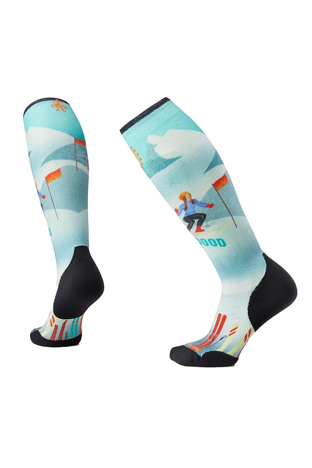 women's Smartwool ski socks, woman skiing graphic