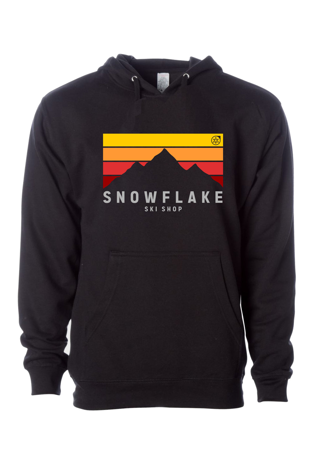 Black Snowflake Ski Shop hoodie with a mountain scene