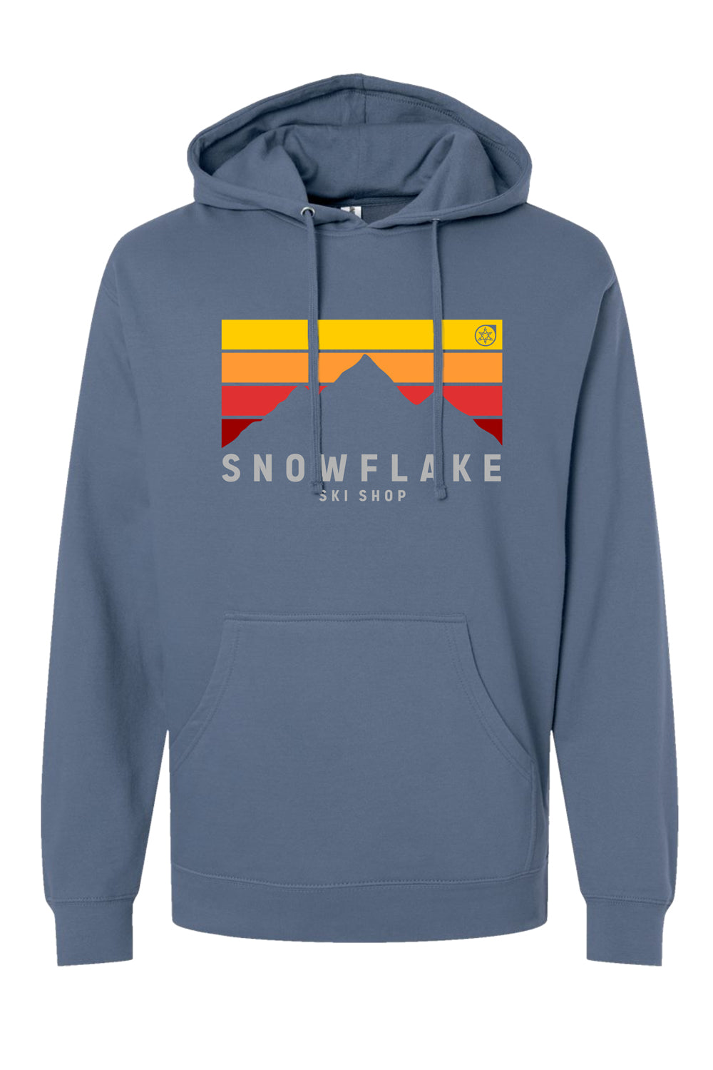 Blue Snowflake Ski Shop hoodie with a mountain scene