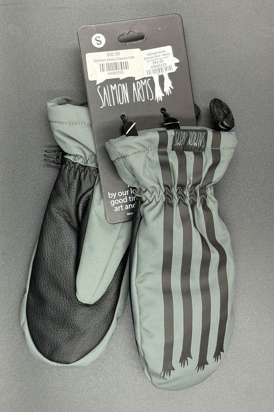 Pair of green and gray mittens with branding on a gray background