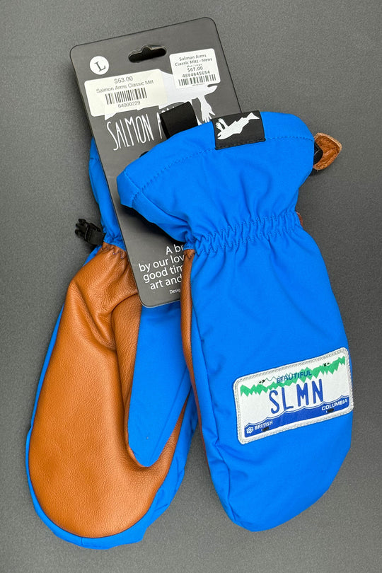 Blue and brown mittens with 'Salmon' branding on a gray background