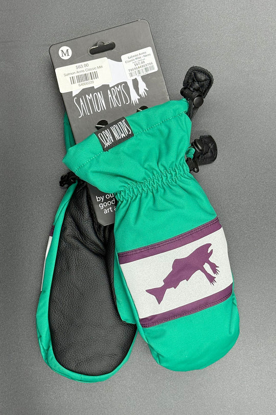Green mittens with a purple fish design on a gray background