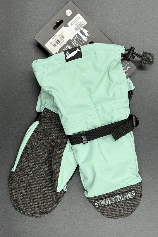 Pair of teal mittens with black soles on a gray background, featuring the brand 'Salmon Arms'.