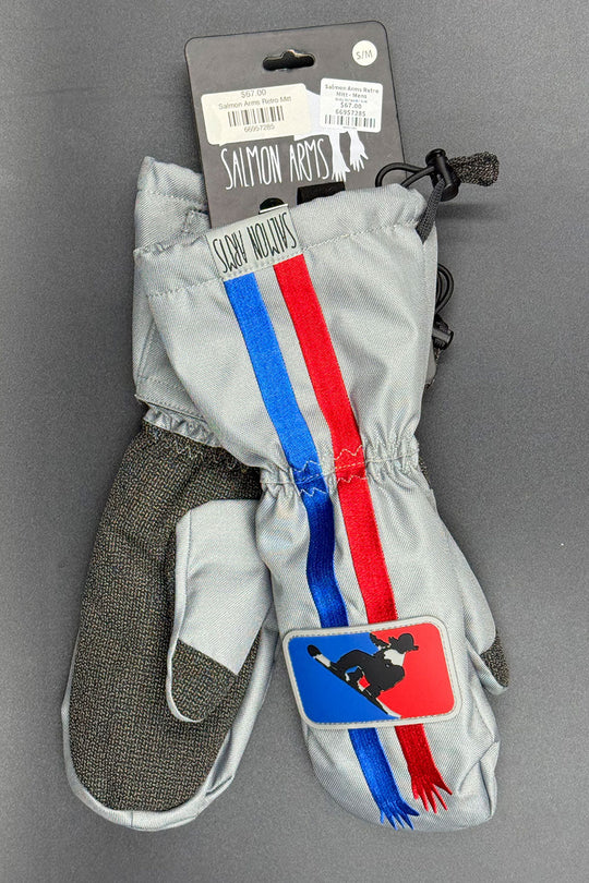 Gray mittens with red, blue, and white stripes on a gray background