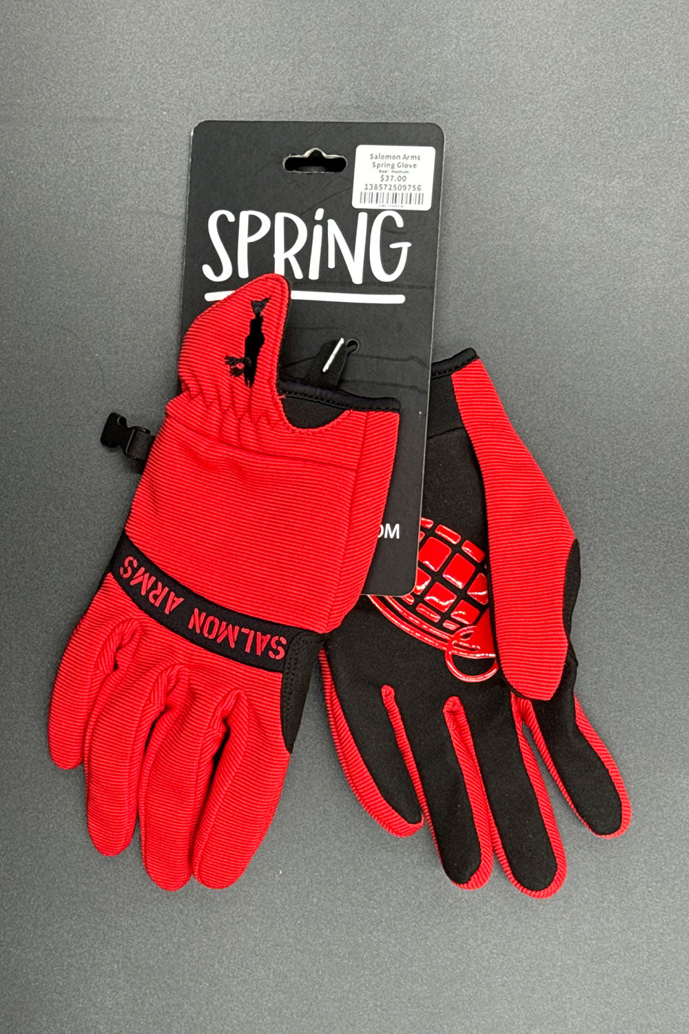 Red and black gloves on a gray background with 'Spring' branding.