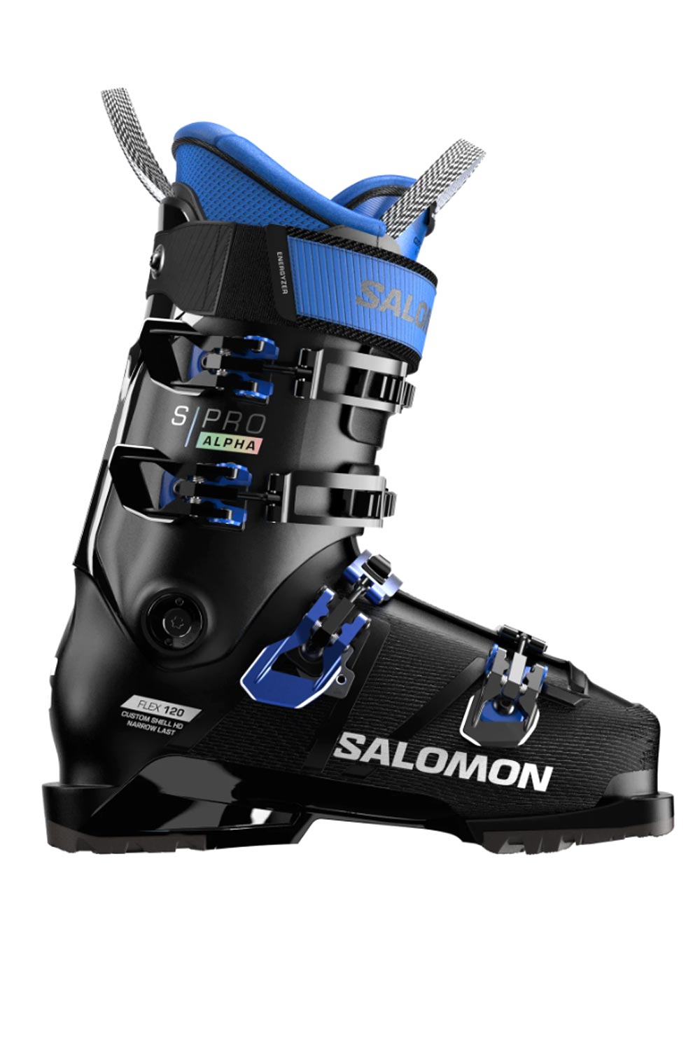 men's Salomon SPro Alpha 120 ski boots, black with blue accents