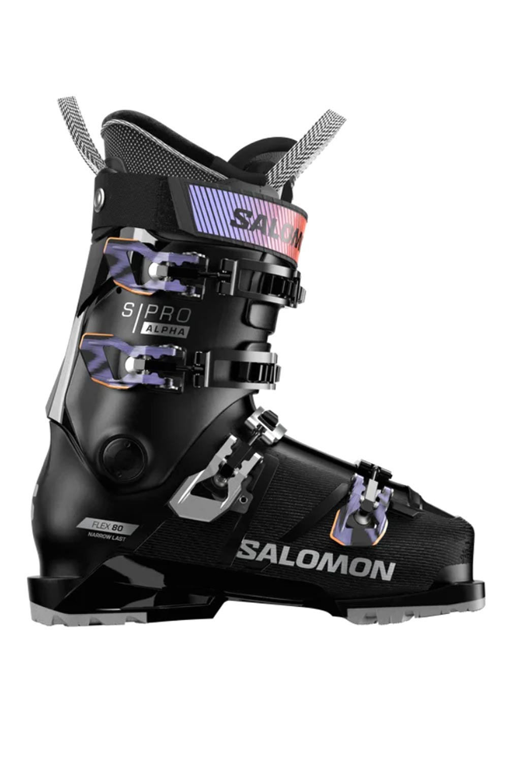 women's Salomon S Pro Alpha 80 ski boots, black with purple accents