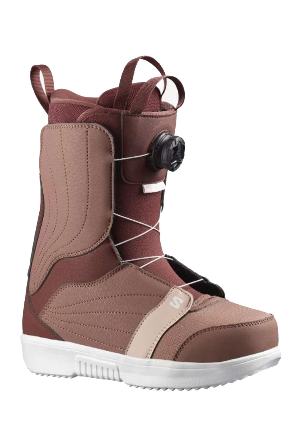 Rose Pink snowboard boot with white sole on a white background