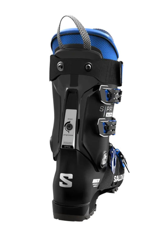 men's Salomon SPro Alpha 120 ski boots, black with blue accents