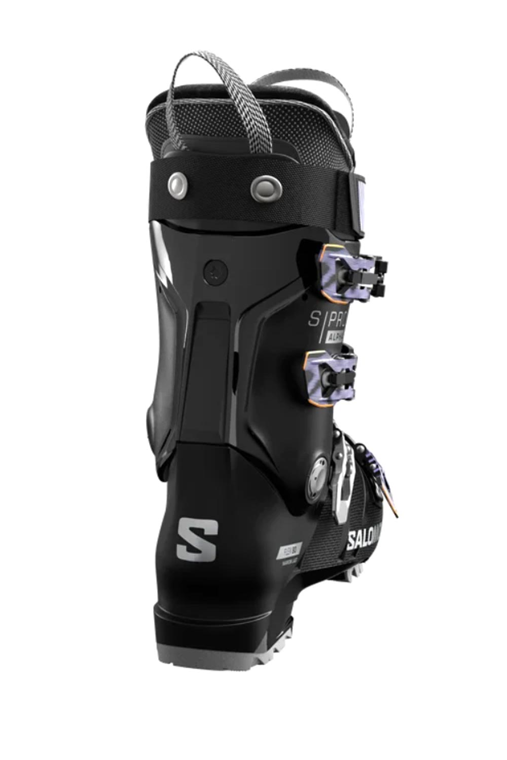 Black ski boot with visible brand logo on a white background