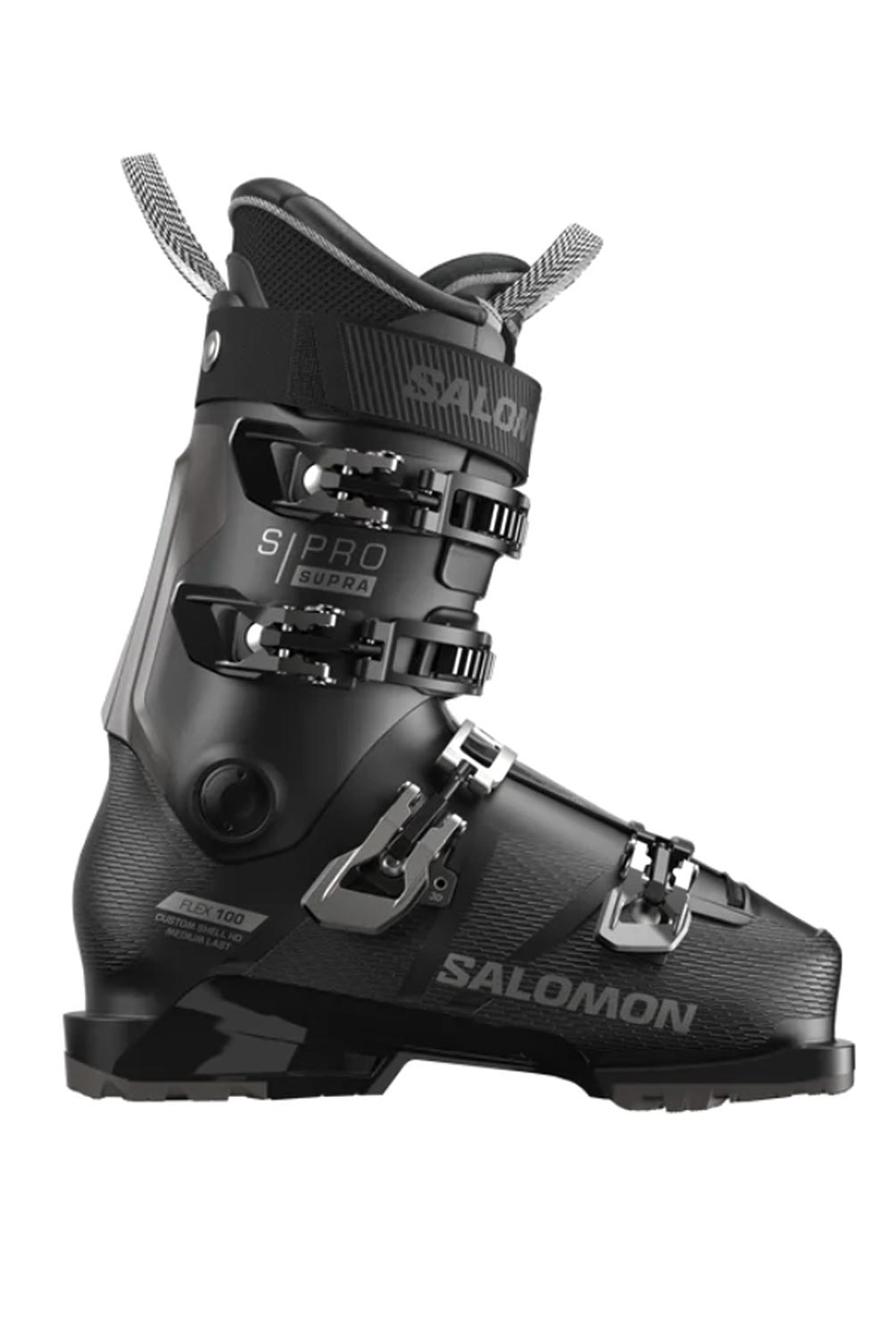 men's Salomon S Pro Supra 100 ski boot, black with silver accents