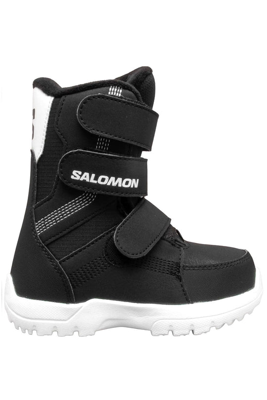 Black and white Salomon snowboard boot on a white background
