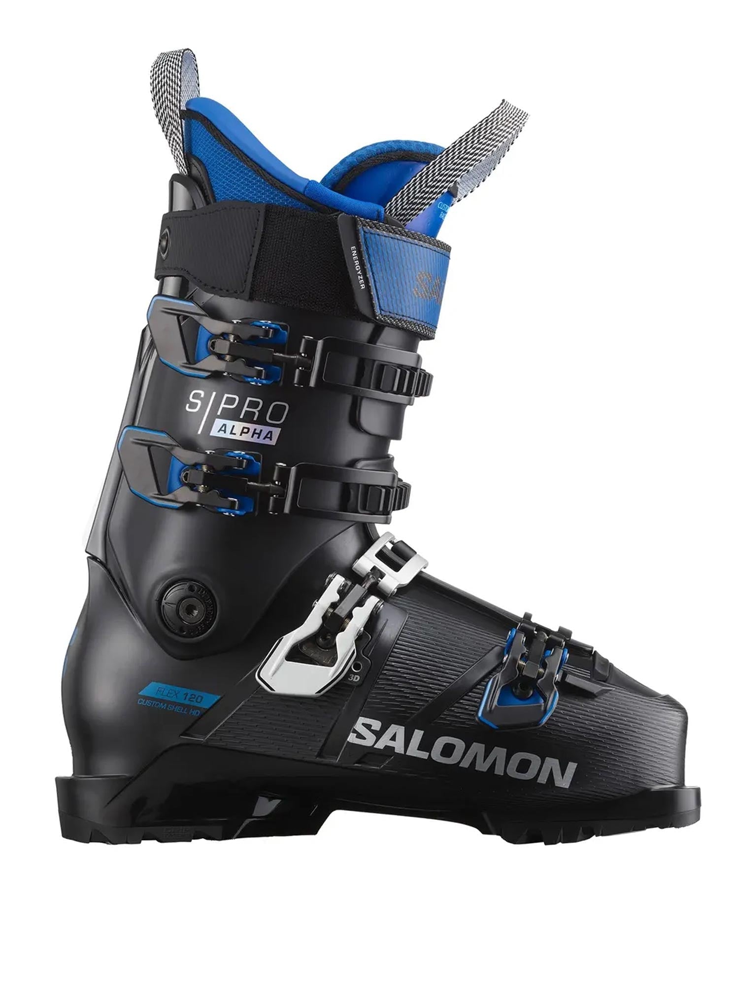 men's Salomon S/Pro Alpha 120 ski boots, black with blue and silver accents