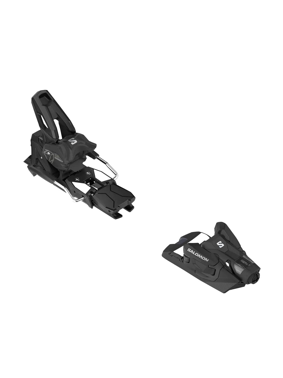 Black ski bindings on a white background