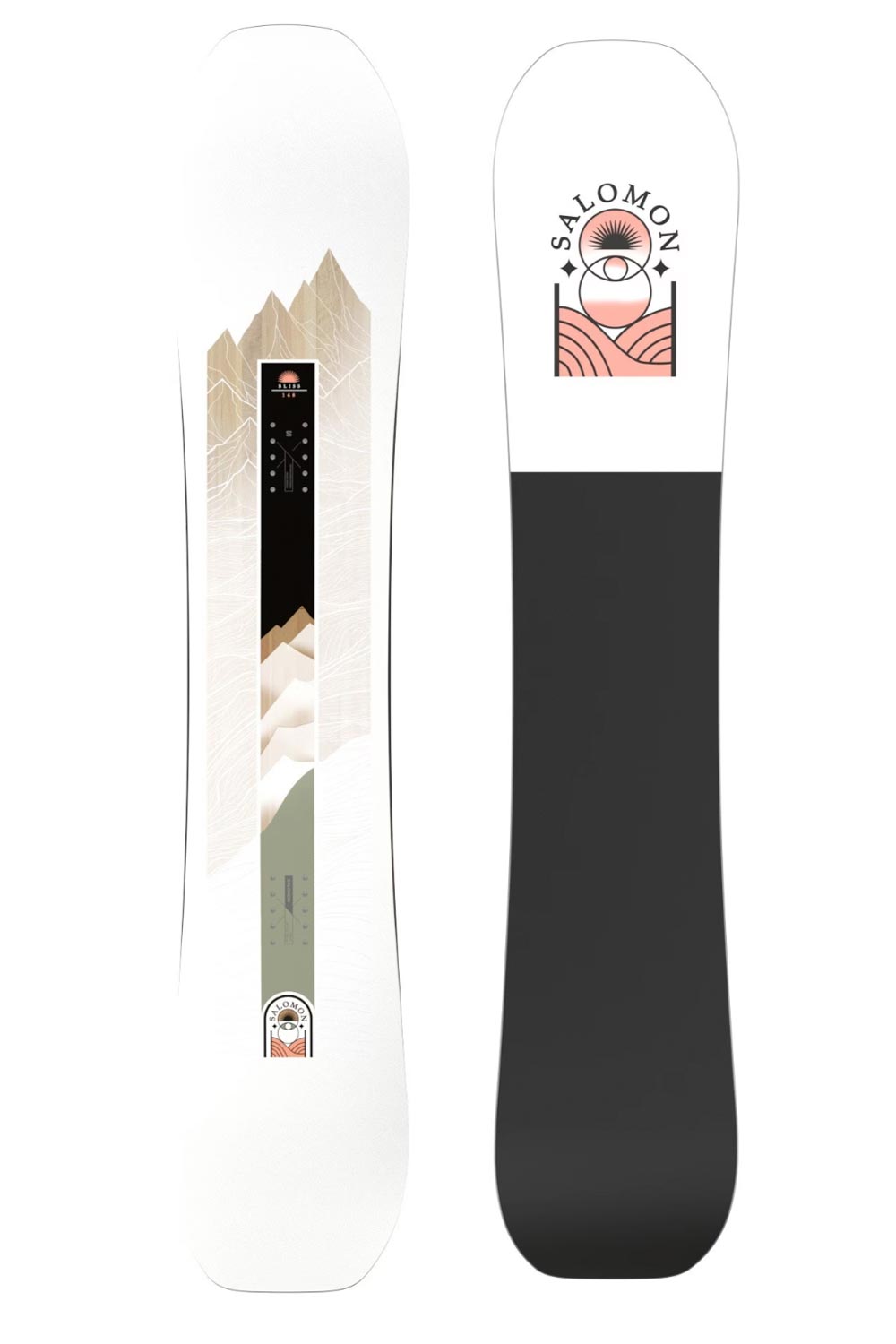 women's Salomon Bliss snowboard,  white with mountain graphic