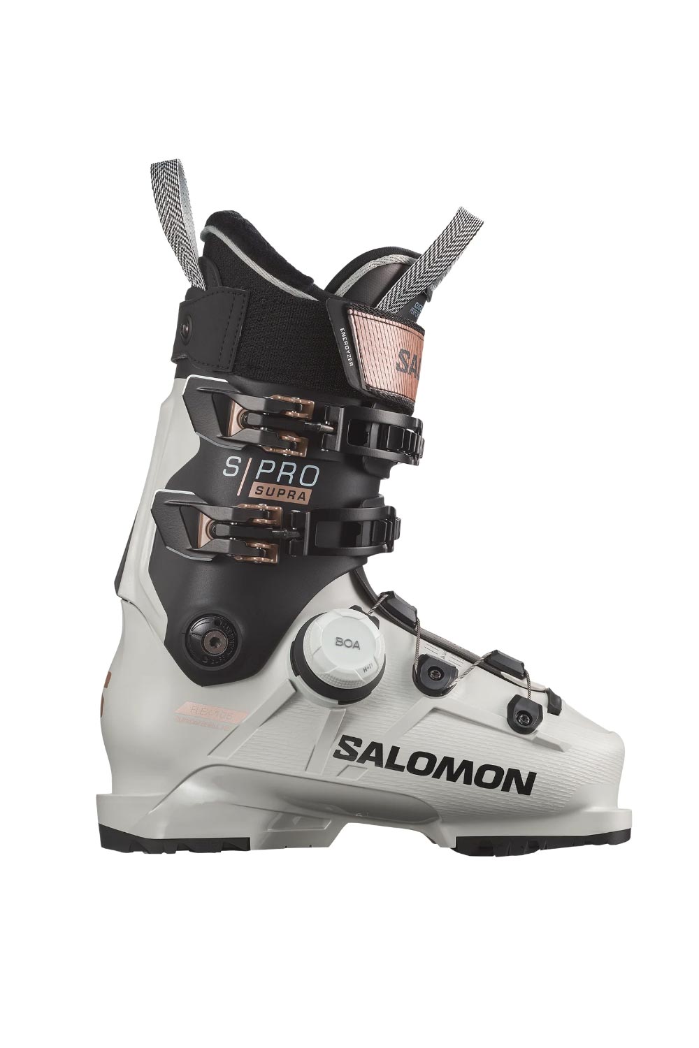 women's Salomon ski boots with BOA,  white black and rose gold accents