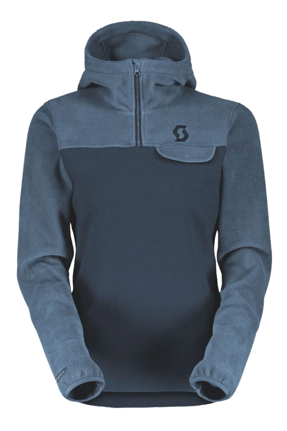 Blue hooded sweatshirt with a brand logo on a white background