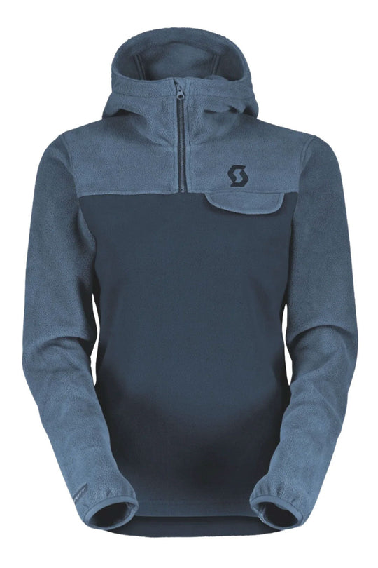 Blue hooded sweatshirt with a brand logo on a white background