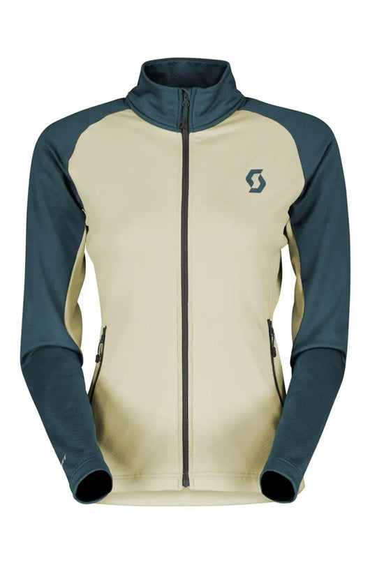 Beige and blue jacket with a brand logo on a white background