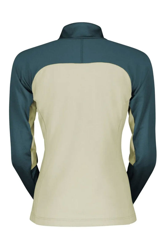Two-tone long-sleeve shirt with teal and beige colors on a white background