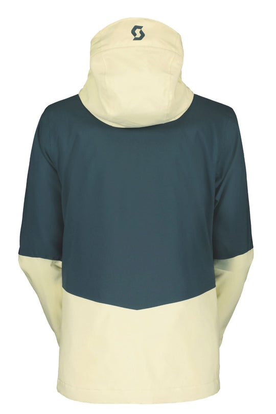 Back view of a teal and yellow jacket with a hood on a white background