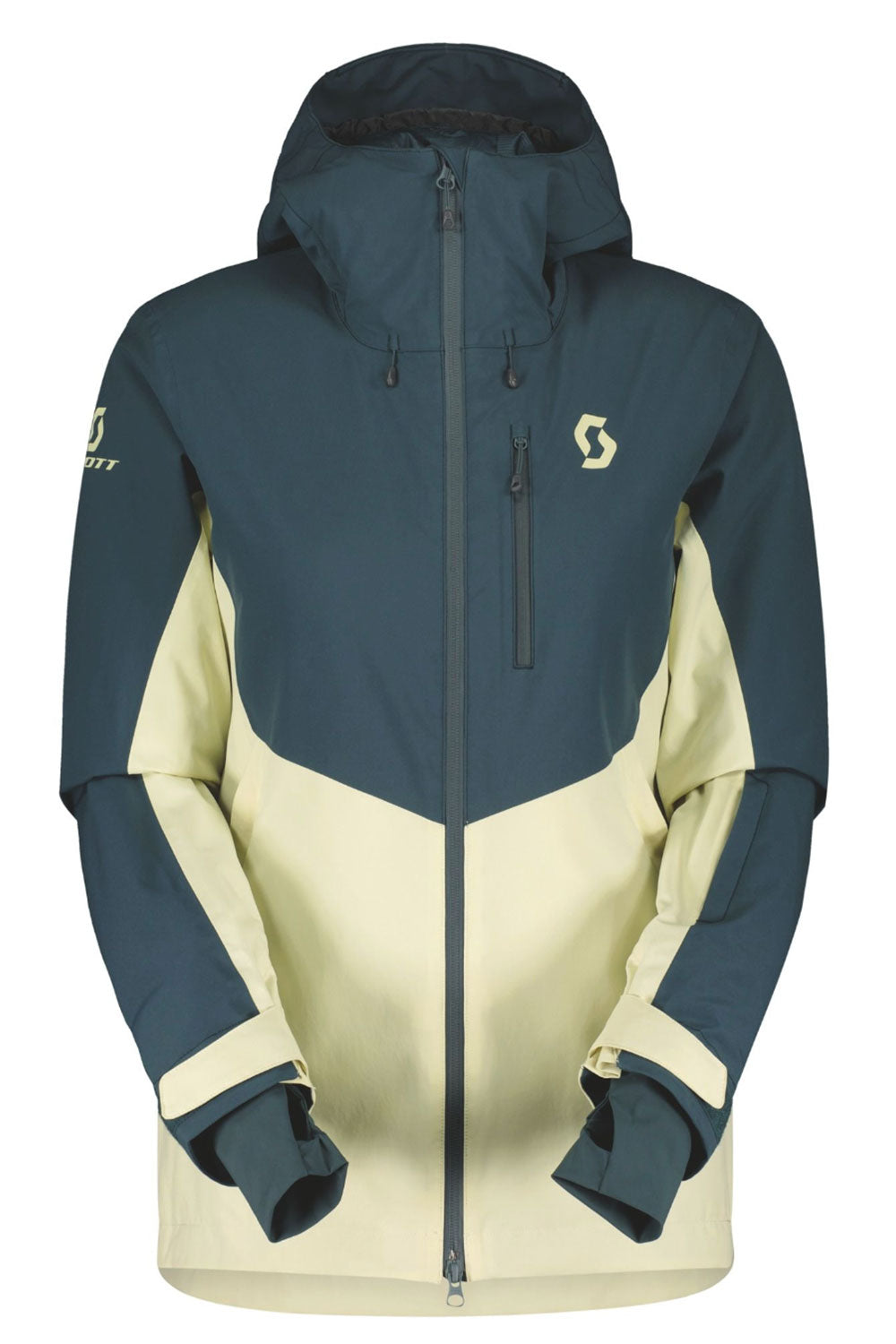 Two-tone blue and yellow jacket with brand logo on a white background