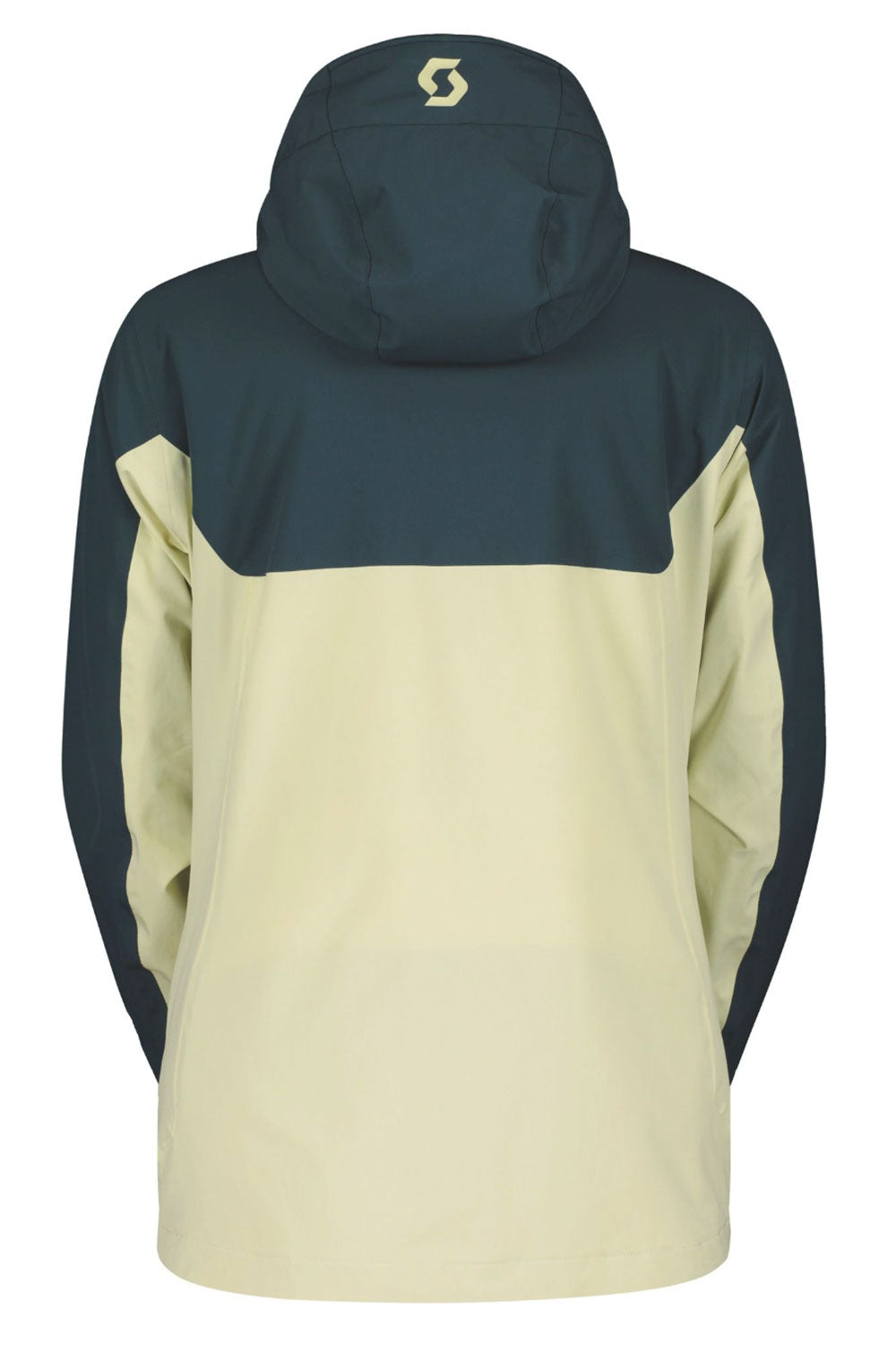 Two-tone jacket with dark blue upper half and light yellow lower half on a white background