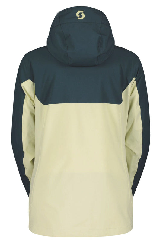 Two-tone jacket with dark blue upper half and light yellow lower half on a white background