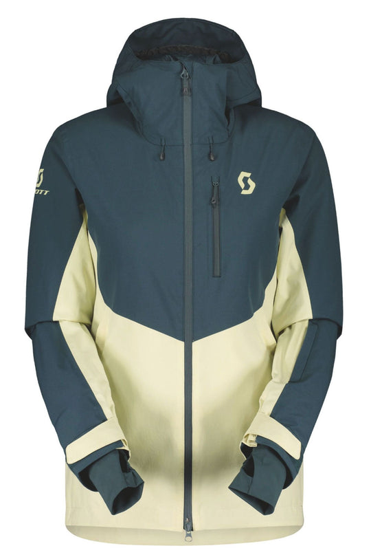 Two-tone blue and yellow jacket with brand logo on a white background