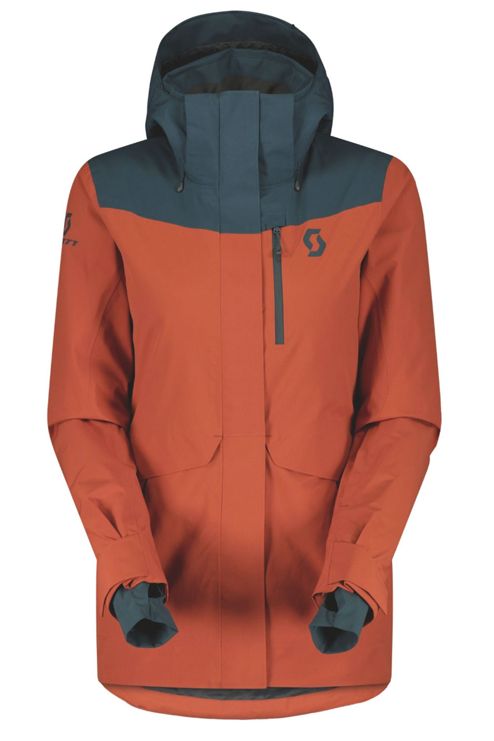 Orange and blue jacket with a hood on a white background