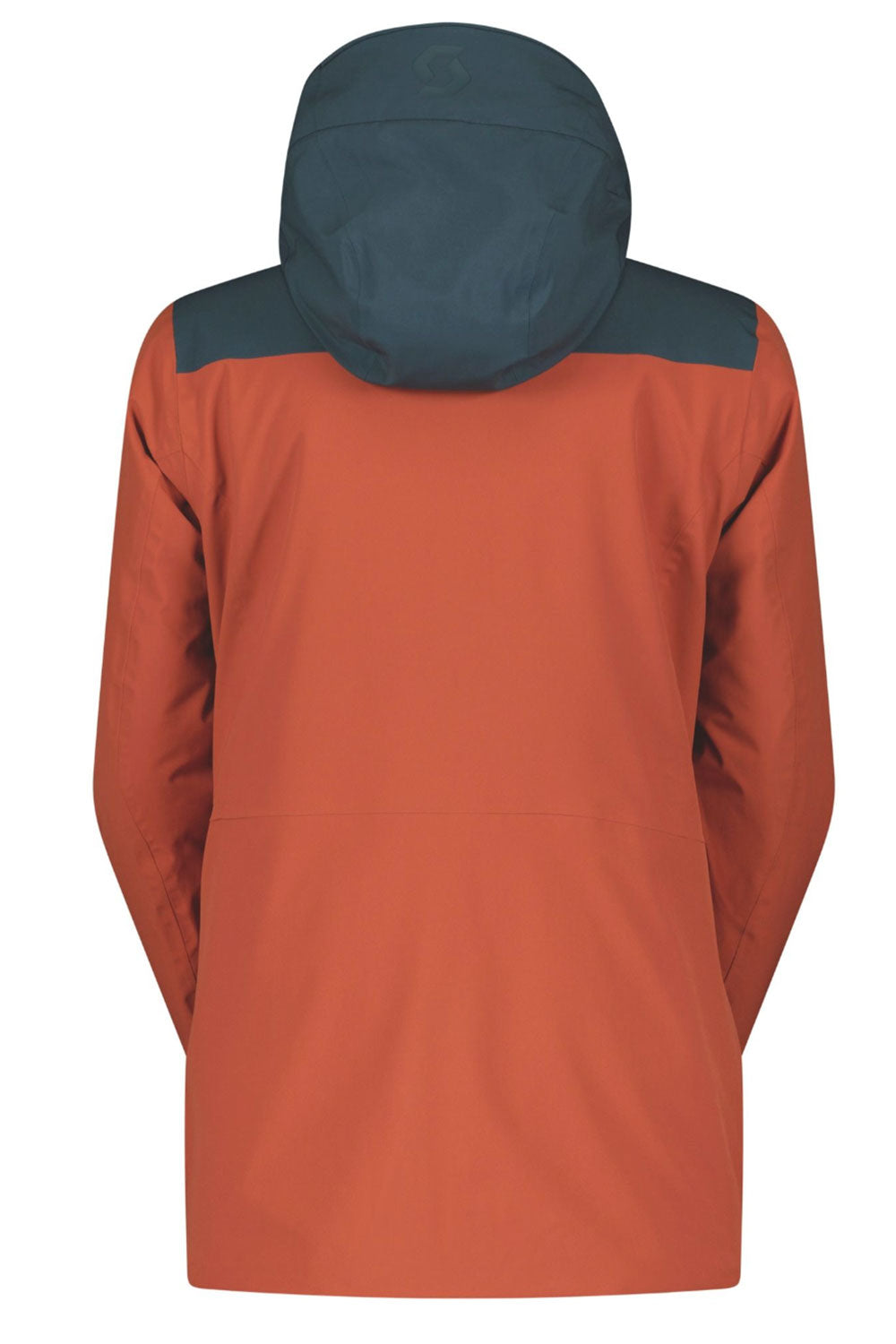 Orange jacket with a dark hood on a white background