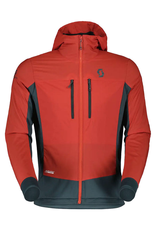 Red and grey jacket with a brand logo on a white background