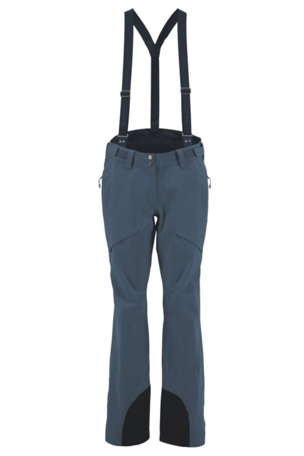 Gray ski pants with black suspenders on a white background