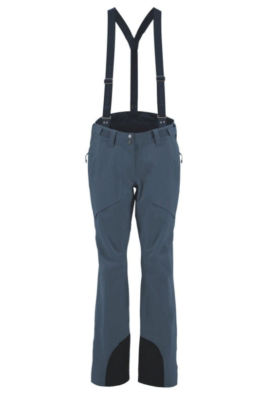 Gray ski pants with black suspenders on a white background
