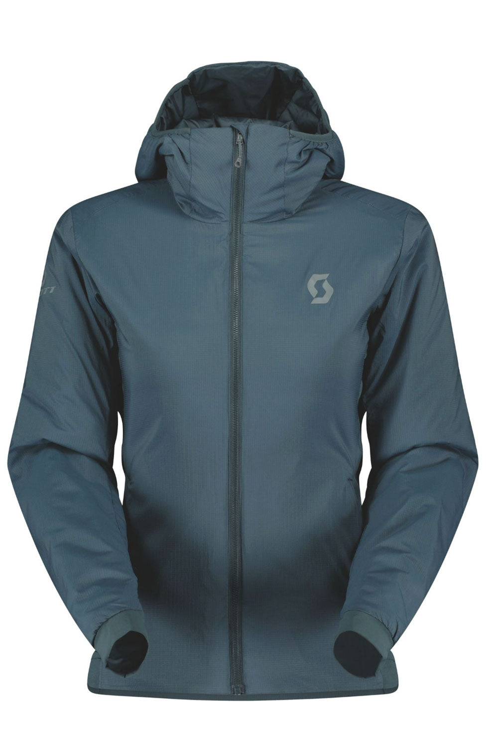 Blue/green jacket with a hood on a white background