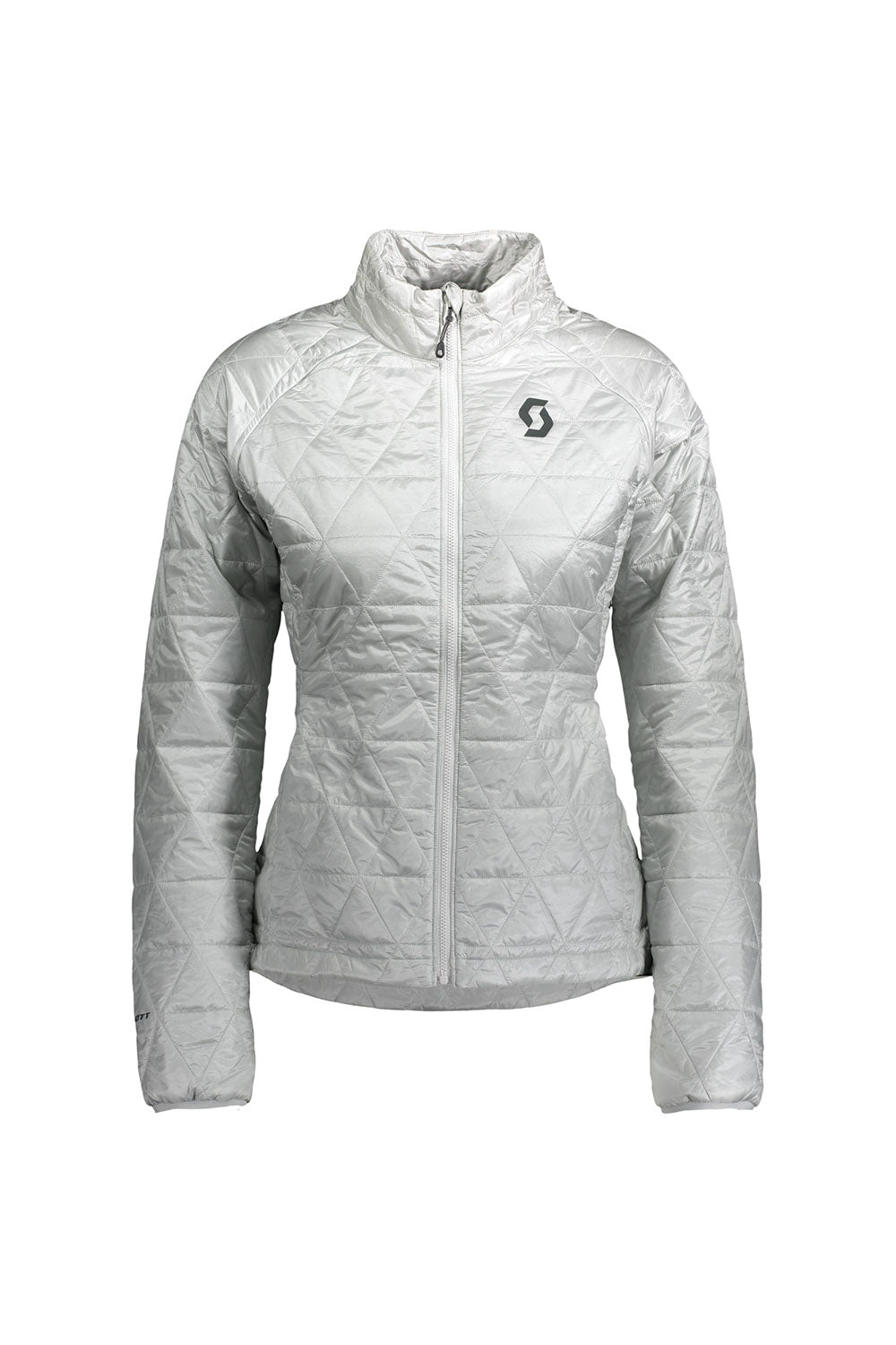 Light gray quilted jacket with a brand logo on a white background