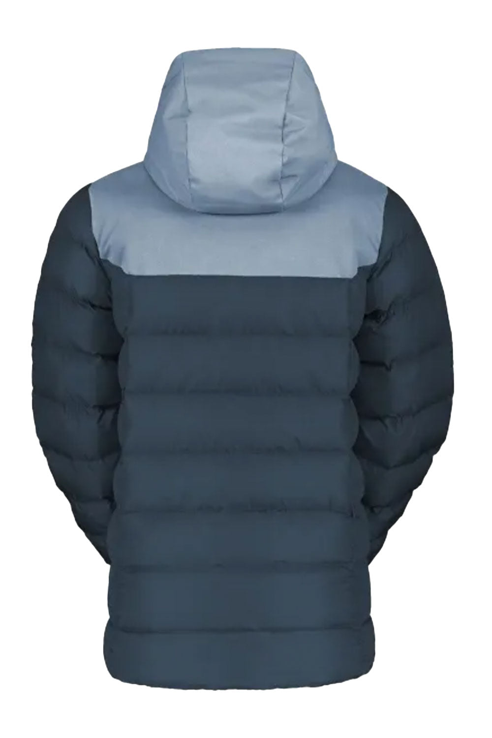 Blue puffer jacket with a hood on a white background