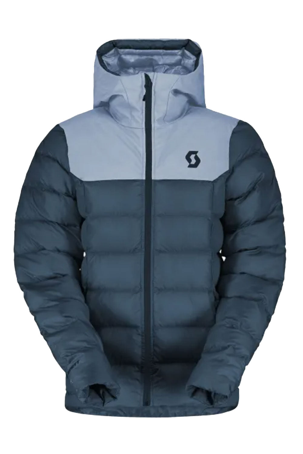 Two-tone blue puffer jacket with a brand logo on a white background
