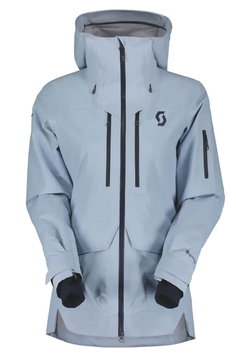 Light blue jacket with black zippers and accents on a white background
