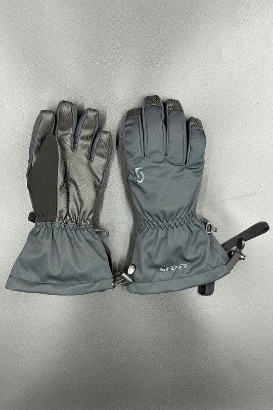 Pair of black gloves with a brand logo on a light gray background