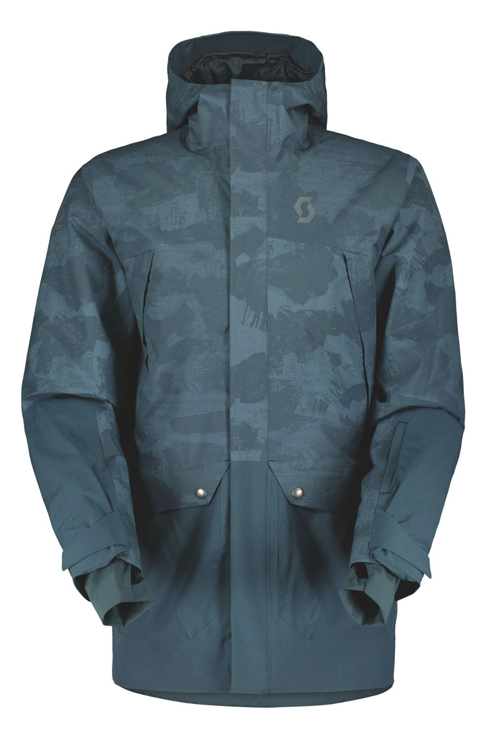 Blue camouflage jacket with a brand logo on a white background