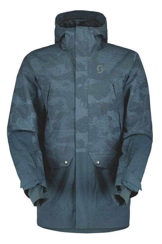 Blue camouflage jacket with a brand logo on a white background