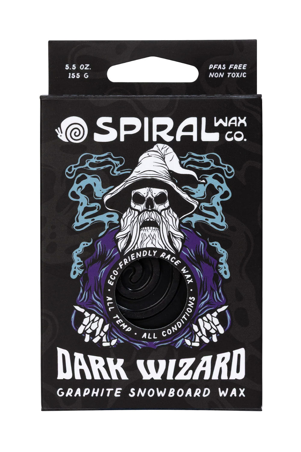 Spiral Wax Co. Dark Wizard Graphite Snowboard Wax packaging with a wizard design on a black background.