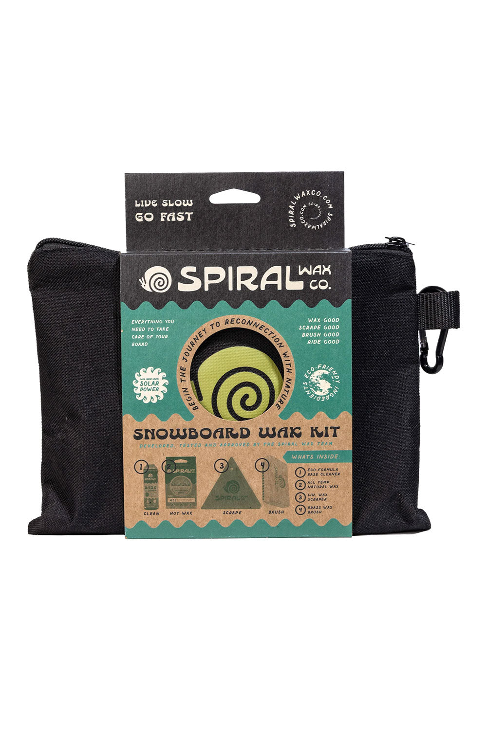 Snowboard wax kit with packaging featuring the Spiral Wax Co. brand on a white background.