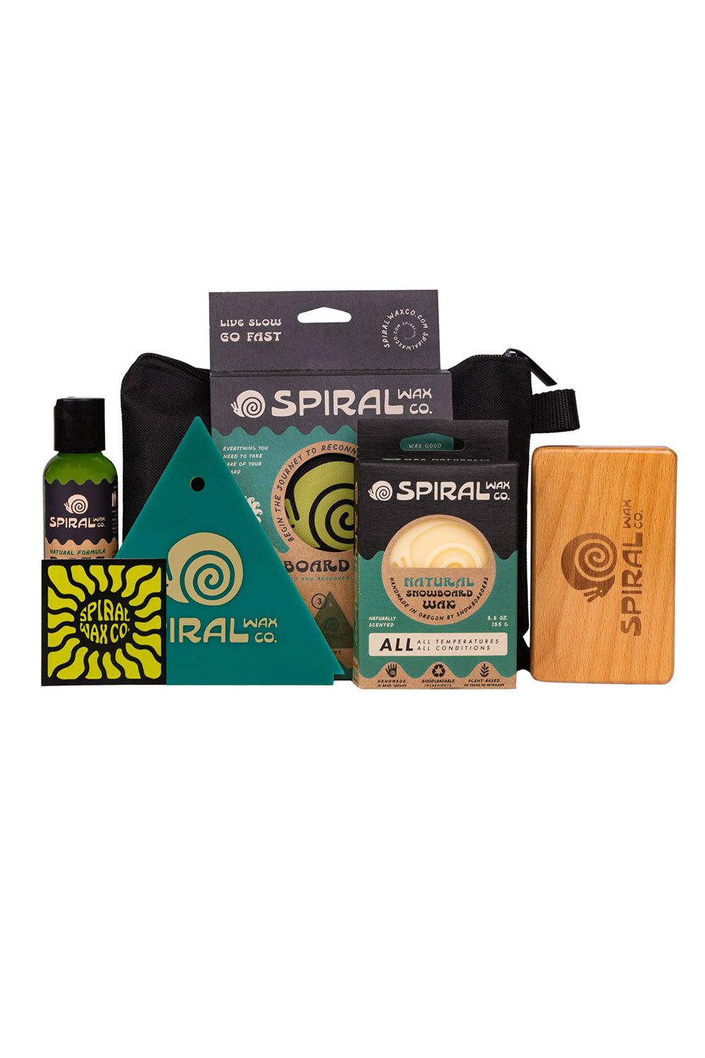 Collection of Spiral Wax Co. products including a bottle, packaging, and wooden block on a white background.