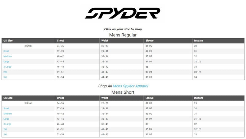 A size chart page for Spyder apparel, showing tables for Mens Regular and Mens Short with US sizes, chest, waist, sleeve, and inseam measurements. The Spyder logo appears at the top.