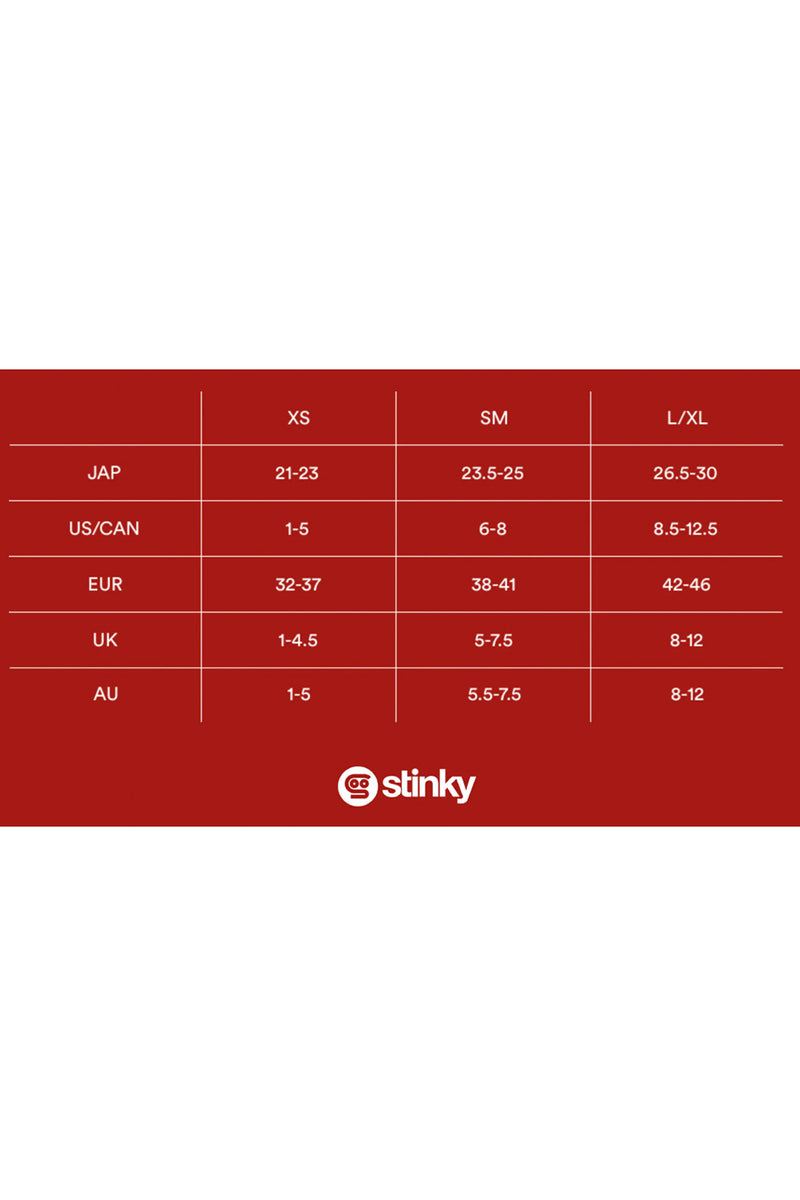 A red size chart table with columns labeled XS, SM, and L/XL and rows for JAP, US/CAN, EUR, UK, and AU, with the Stinky logo at the bottom.